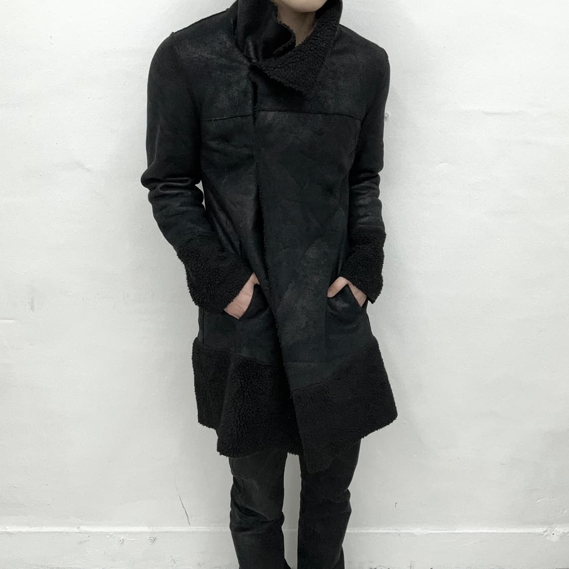 waxed drape long mouton jacket 상품이미지3