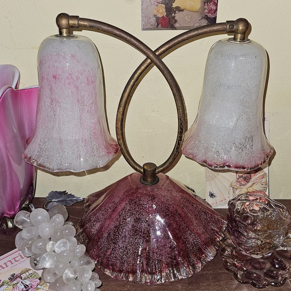 1960s 이와타 핑크 아트글라스 2구 엔틱 조명

 상품이미지1