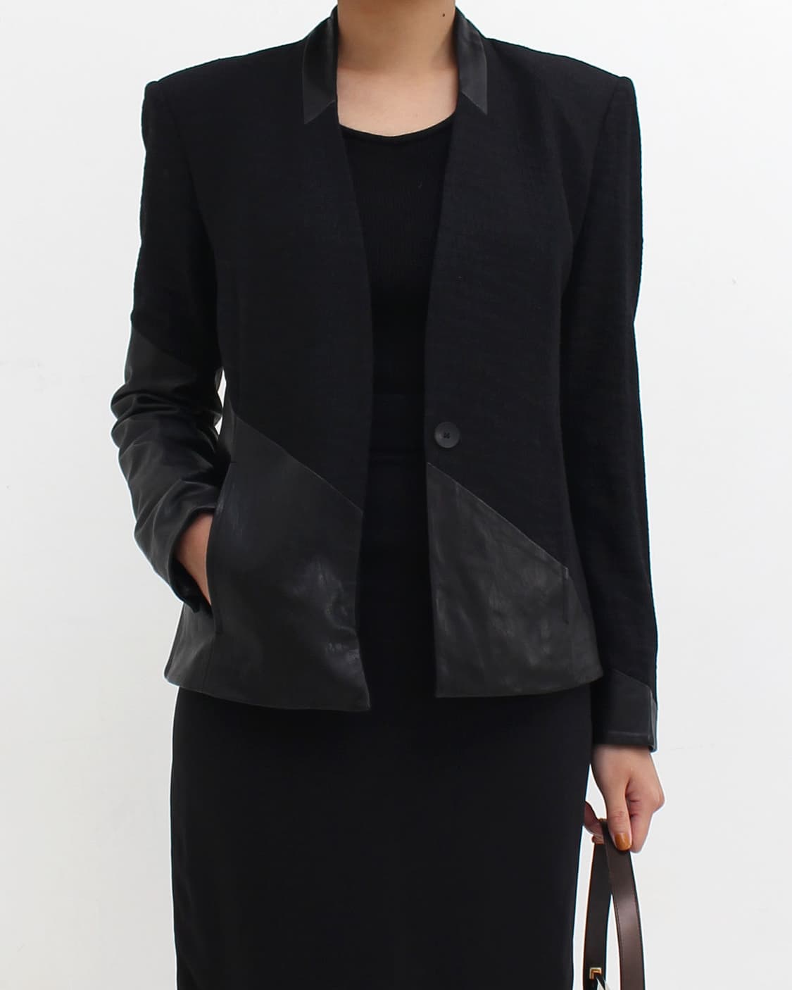 헬무트랭 Helmut lang 양가죽 배색 사선 비대칭 노카라 자켓 블레 상품이미지8