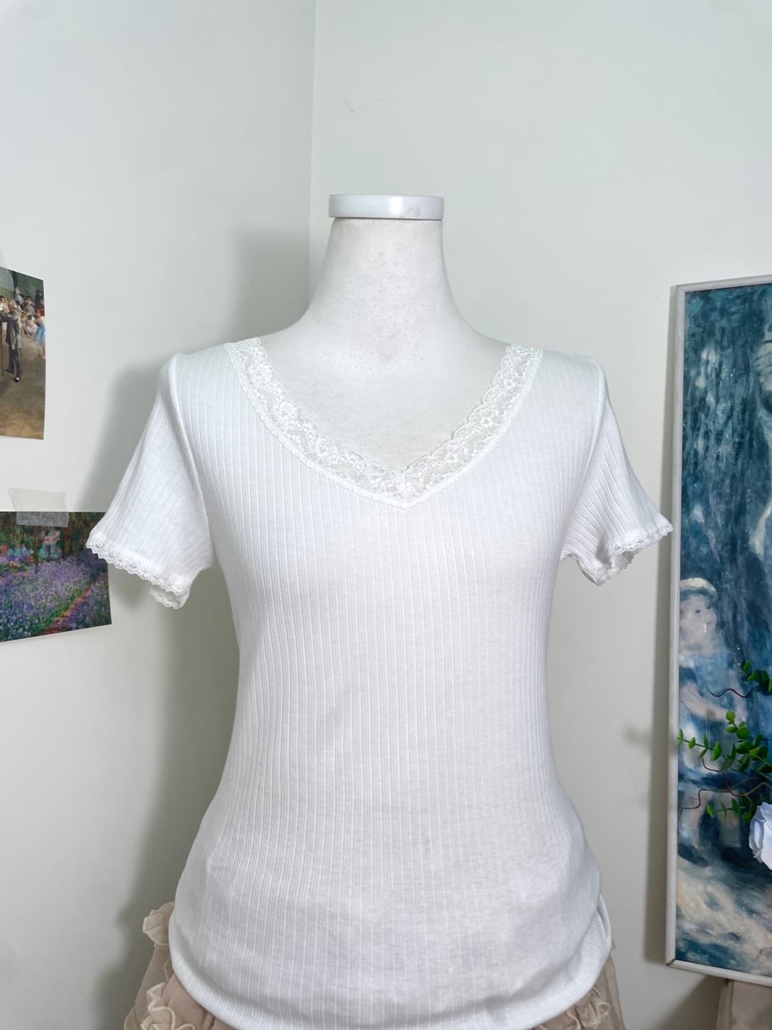 white v-neck lace trim sapn top(size-M) 상품이미지4