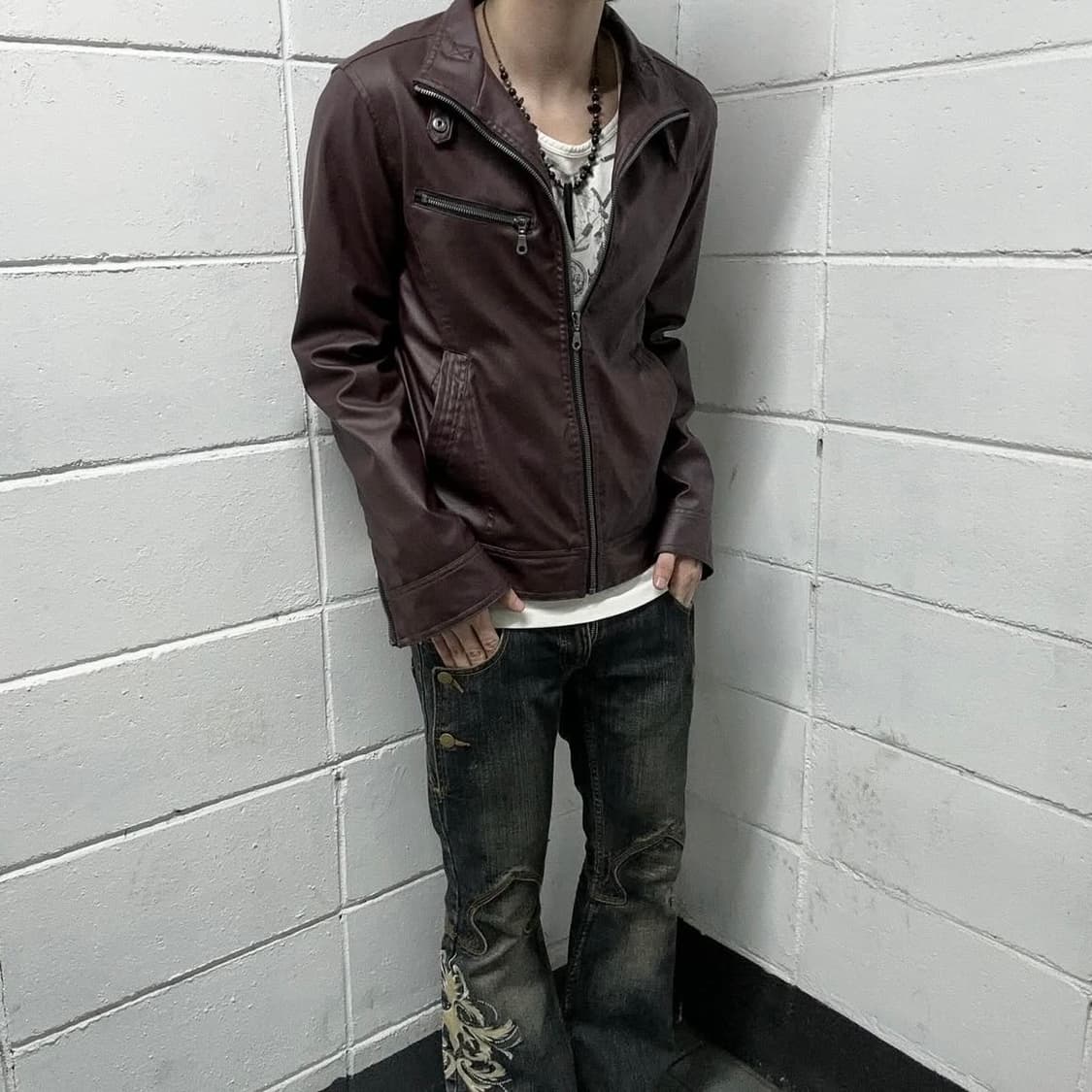 Burgundy rider leather jacket 상품이미지2