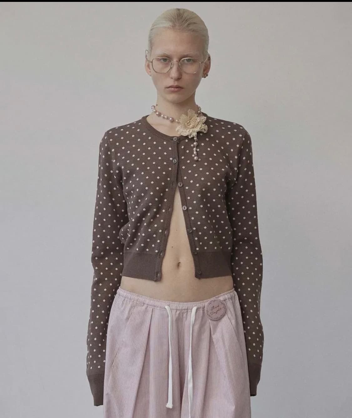 스컬프터 Polka Dot Cardigan Brown/Baby Pink 상품이미지1