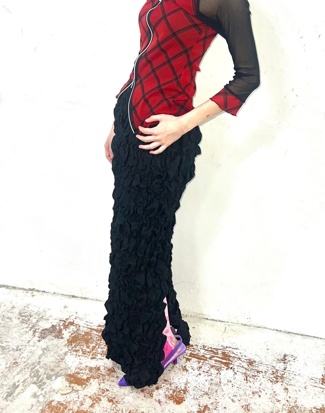 [Japan Vintage] 아방가르드 블랙 풀 셔링 텍스처 스커트 상품이미지1