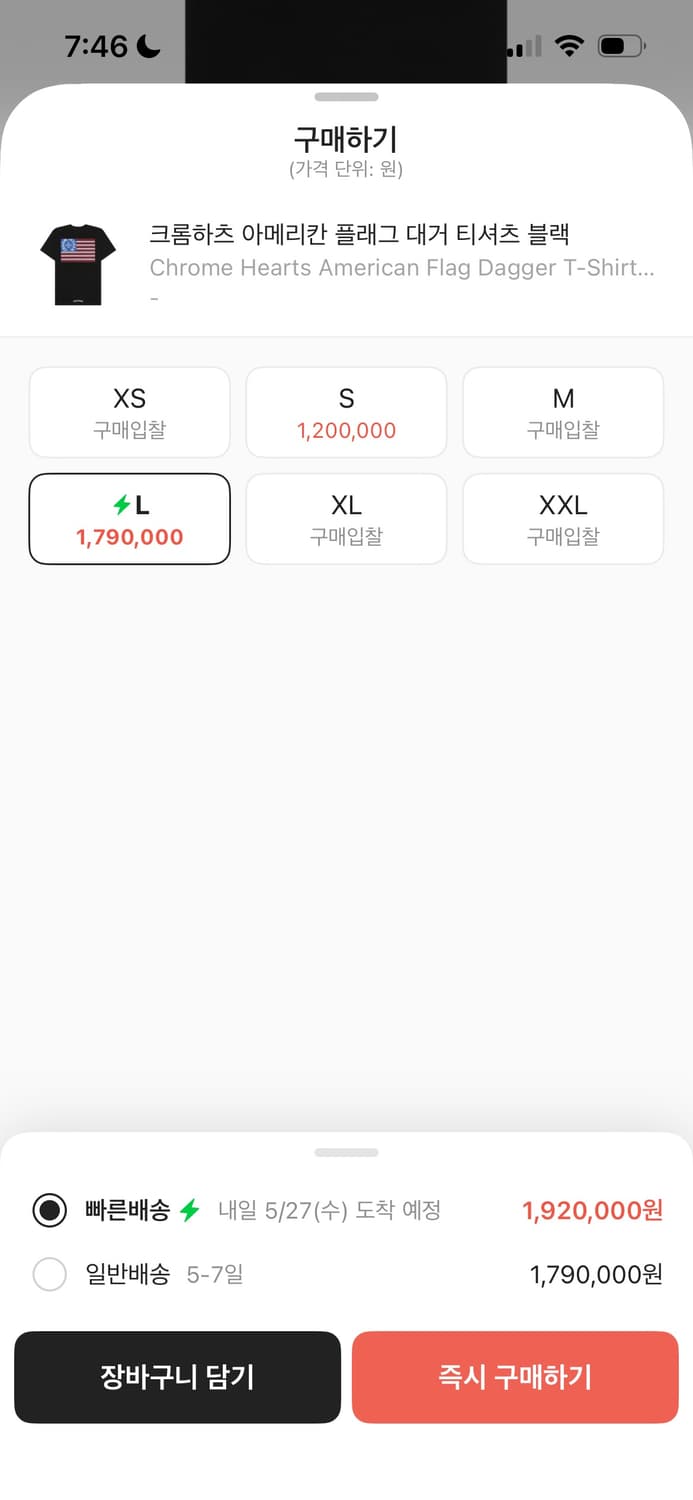 크롬하츠 아메리칸 플래그 대거 티셔츠 블랙 L 상품이미지1