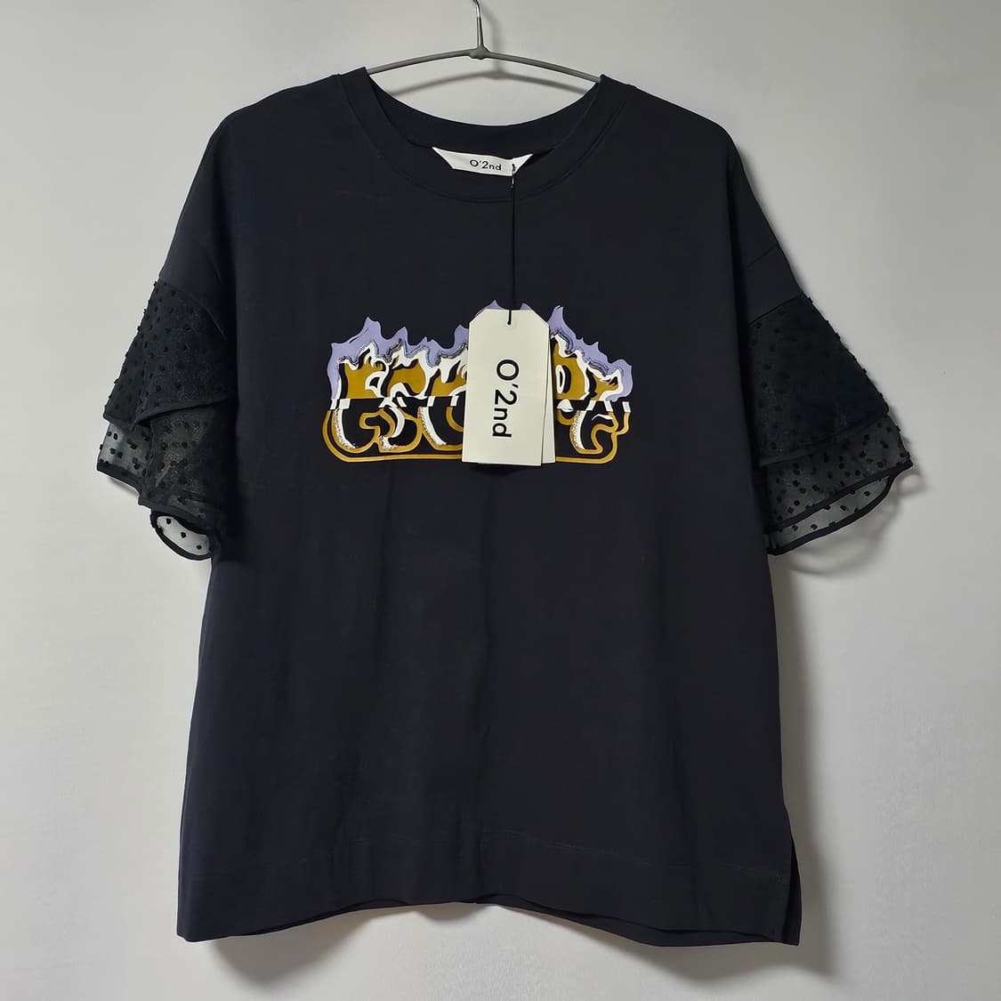 택새상품)66/한섬/오즈세컨 블랙 레이스 소매 티셔츠 상품이미지1