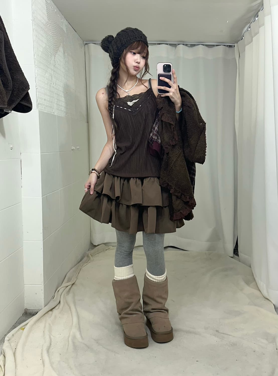 액시즈팜 초코브라운 레이스 블레이저 니혼진 코디세트 상품이미지4