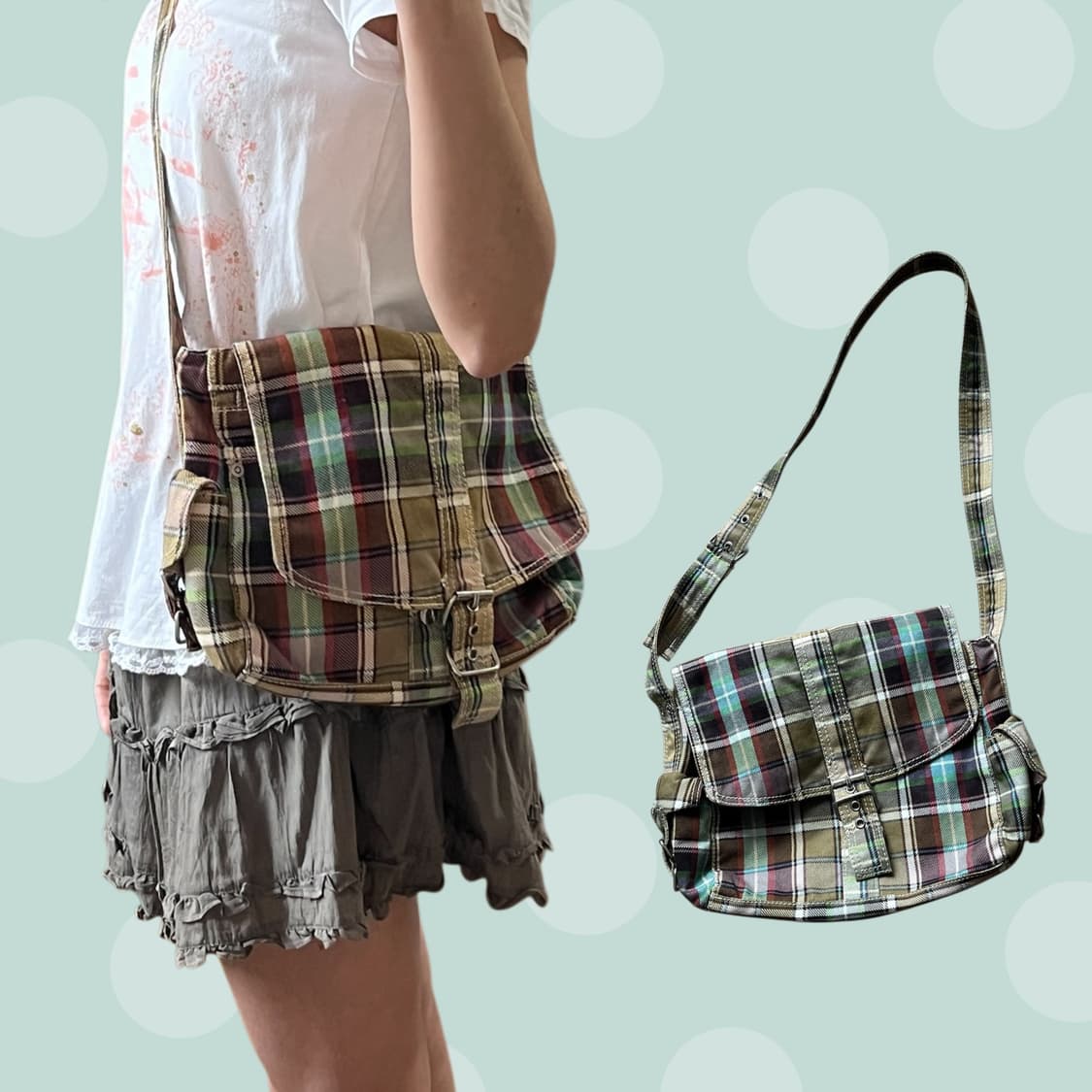 모리걸 빈티지 체크무늬 크로스백 상품이미지1