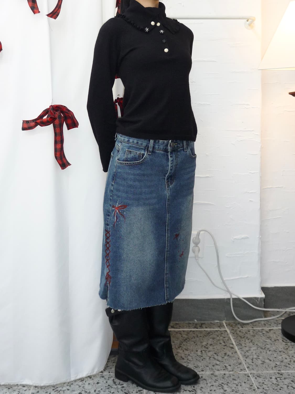 Ribbon painting denim skirt 상품이미지4