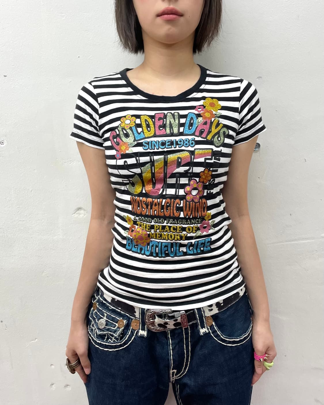 Golden Day Rainbow Flower Stripe T-shirt 상품이미지2