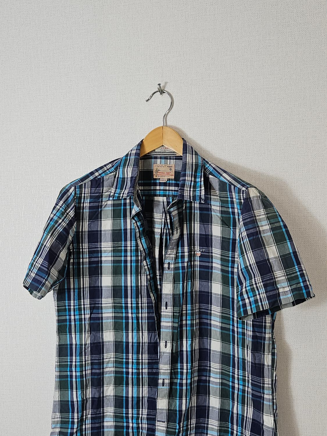 간트 GANT 반팔셔츠 체크 린넨 클래식 로고 그린블루 L 상품이미지2