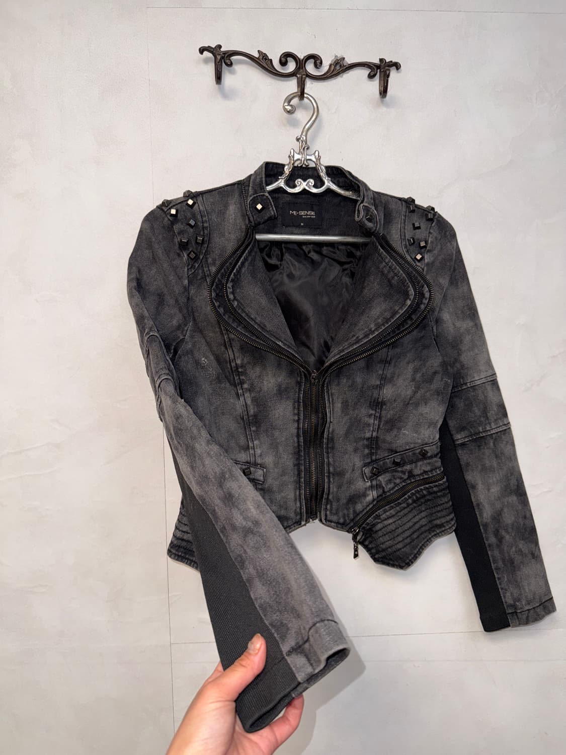 Black tie dye denim stud double rider jk 상품이미지2