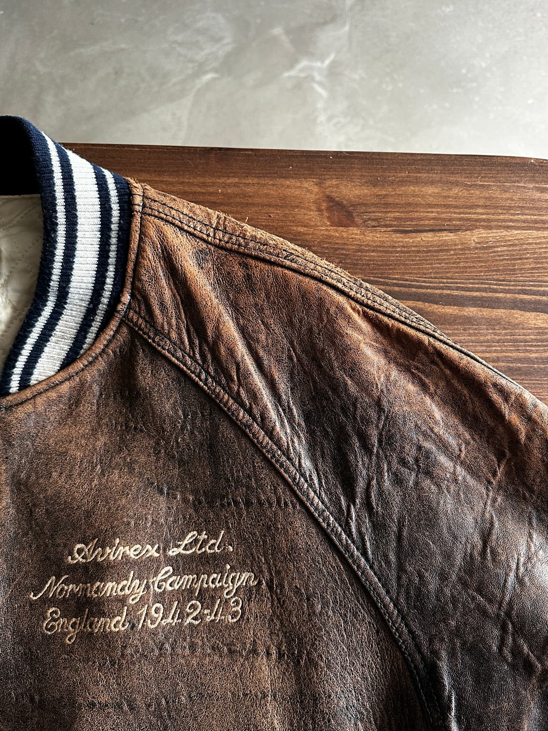 90s Avirex 아비렉스 레더 바시티 자켓 브라운 상품이미지9