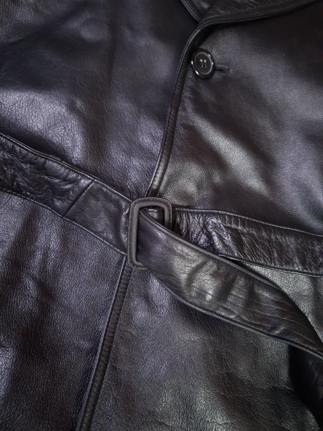 90's 새제품 국내산 리얼레더 싱글 바바리 트렌치코트 상품이미지6