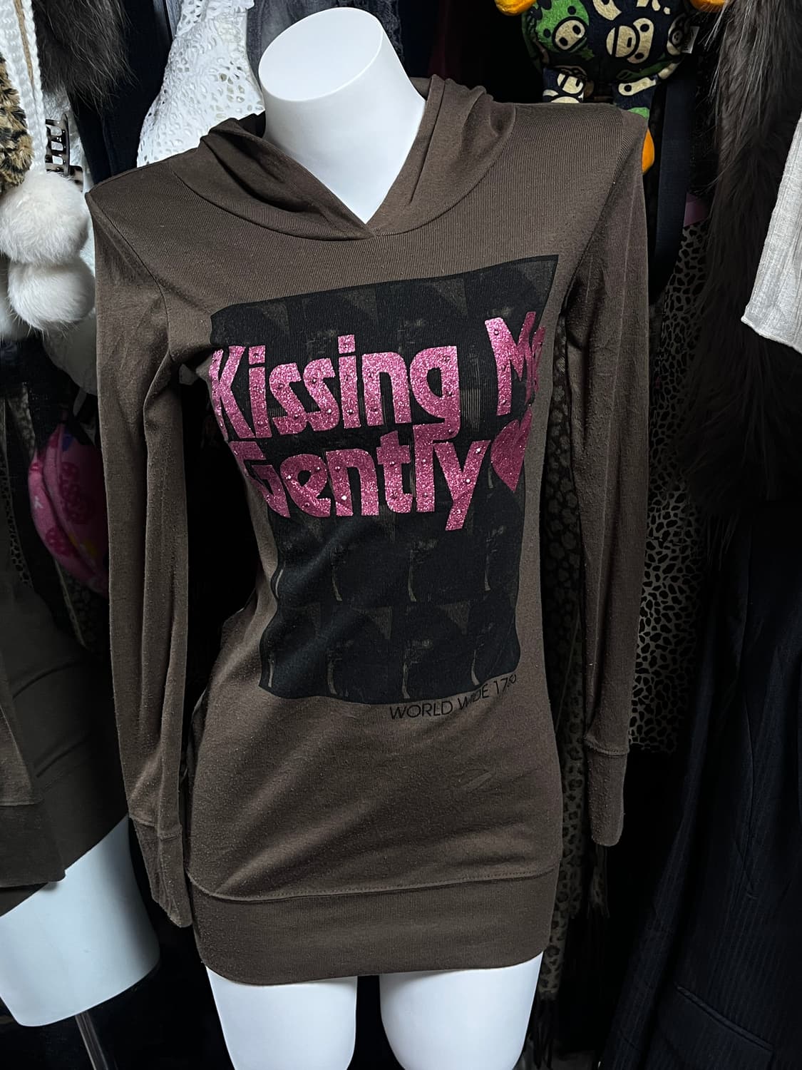 y2k 브라운 핑크 글리터 롱 후드티 상품이미지1