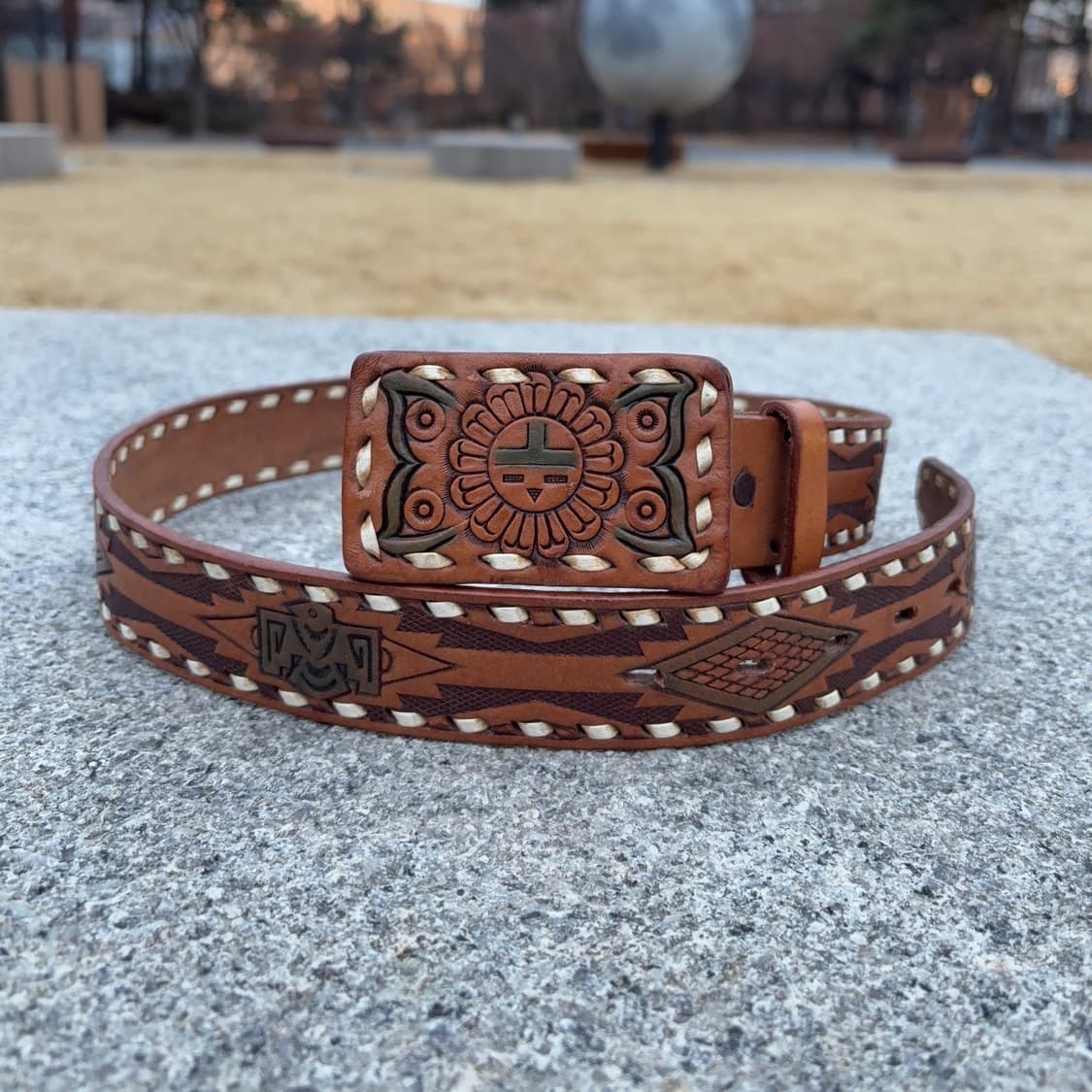 90s USA 밀러 Miller 웨스턴 웨어 카빙 레더 벨트(버클포함) 상품이미지1