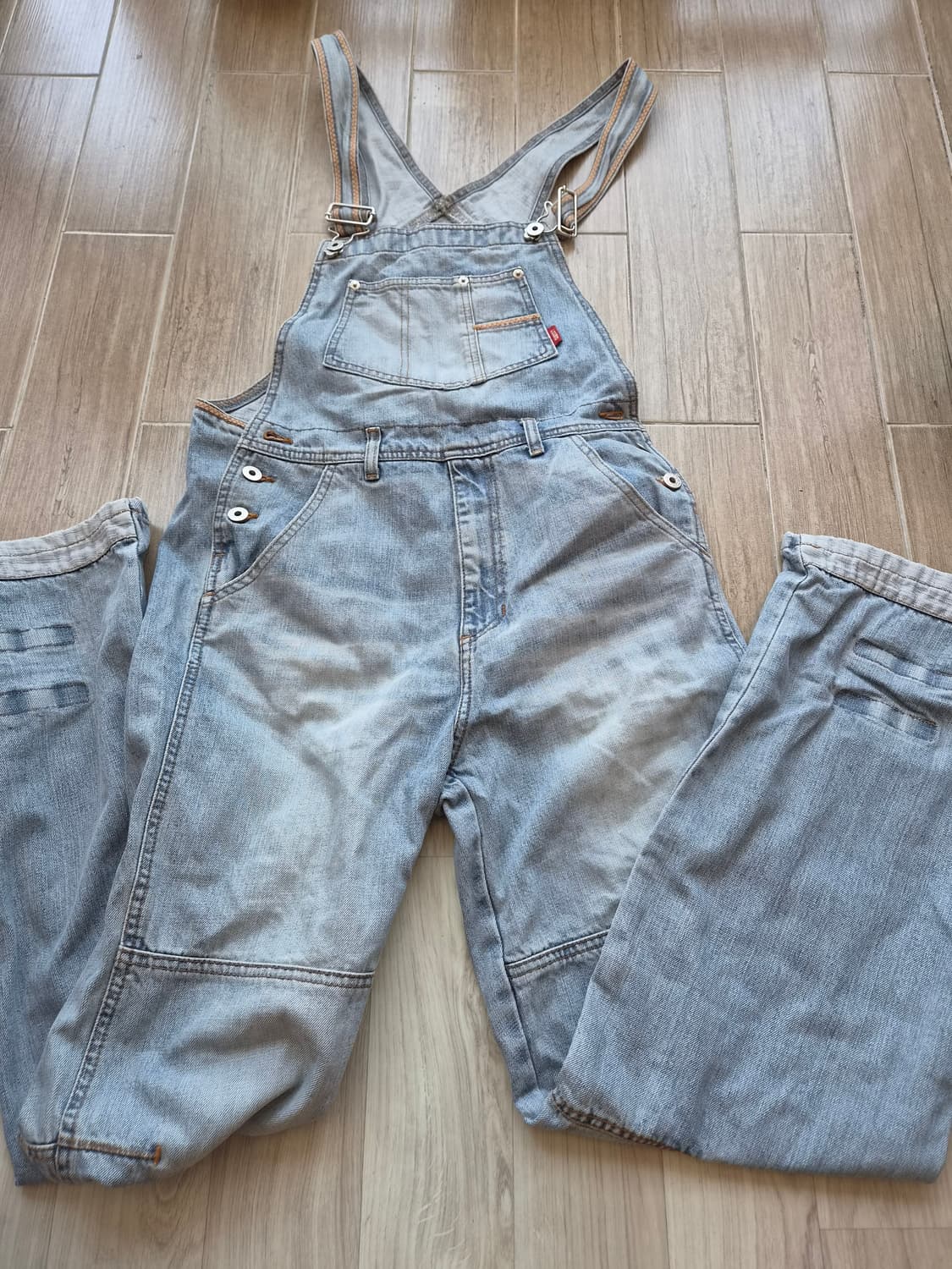 00s 게스 올드스쿨 워싱 더블니 데님 오버롤 상품이미지1