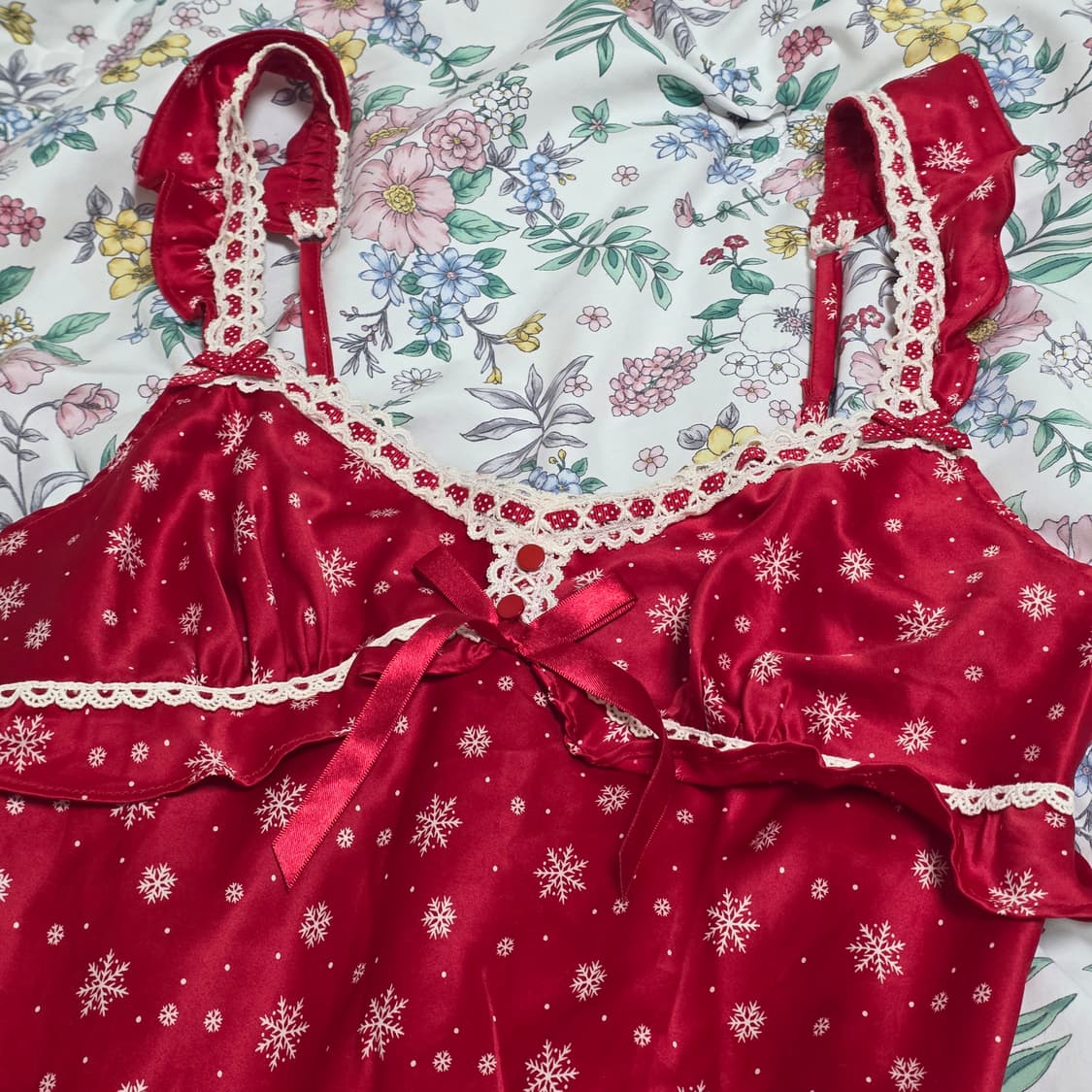 빈티지)레드 레이스리본 노르딕 눈꽃무늬 새틴연말크리스마스오네갸루슬립원피스 상품이미지2
