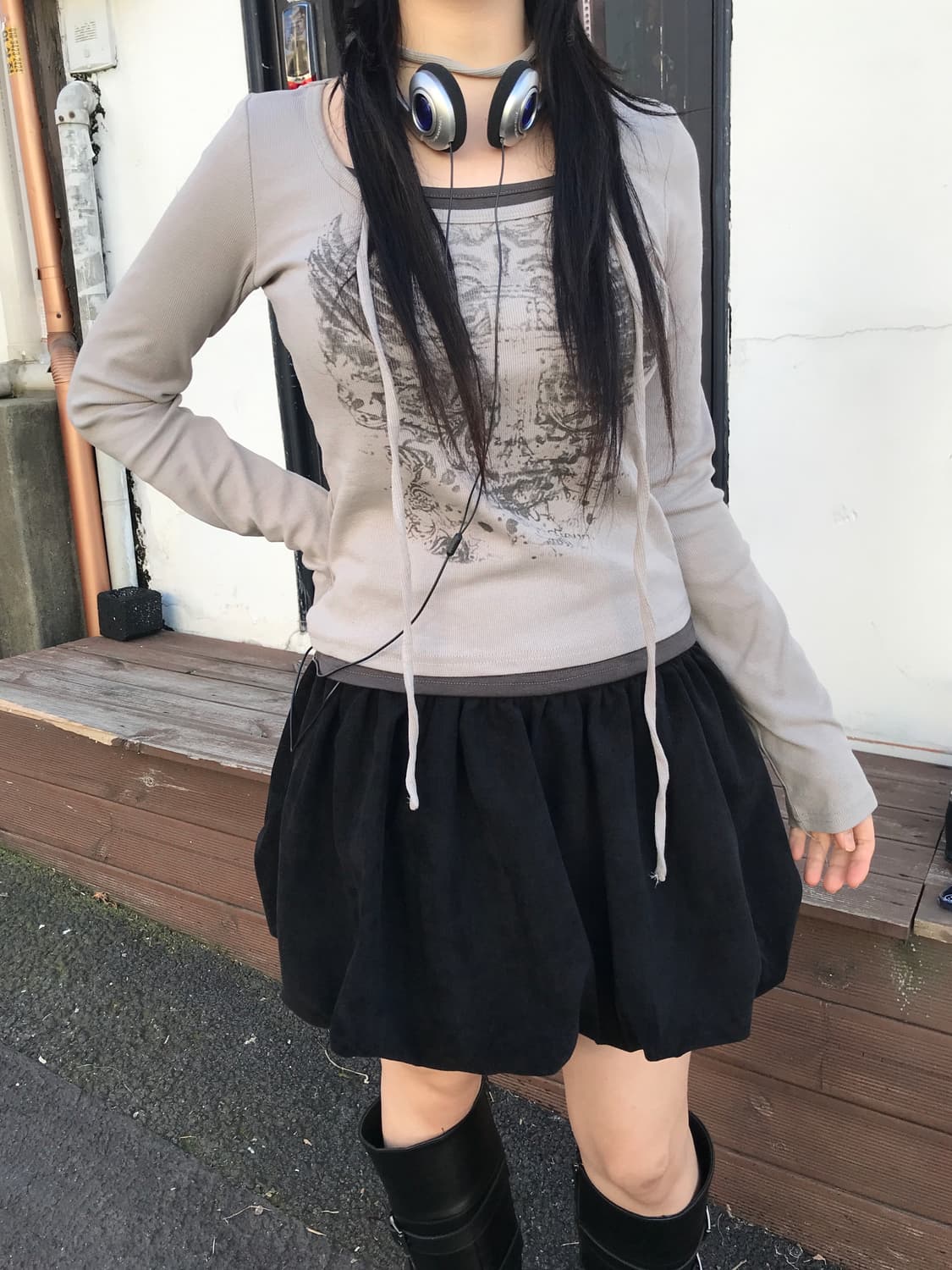 미사용)히니츠키) y2k 키미 레이어드 배색 엔젤윙티(그레이) 상품이미지2