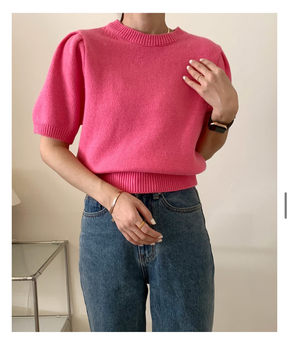 퍼프 크롭 반팔 니트 핑크 상품이미지1