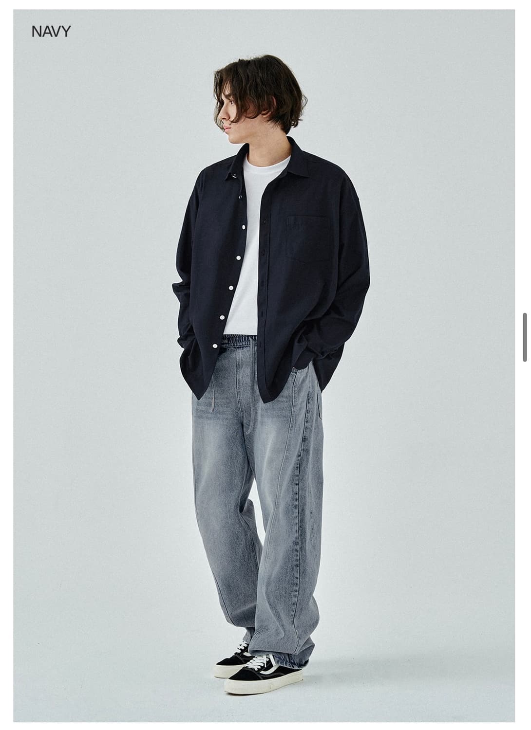 (새상품)(M) 커스텀어클락 헤링본 롱 슬리브 셔츠 NAVY 판매 상품이미지4