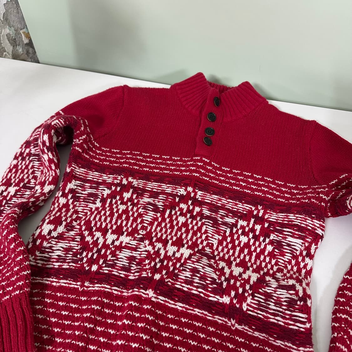 우먼M 타미힐피거 레드 자카드 버튼 반폴라니트 상품이미지3