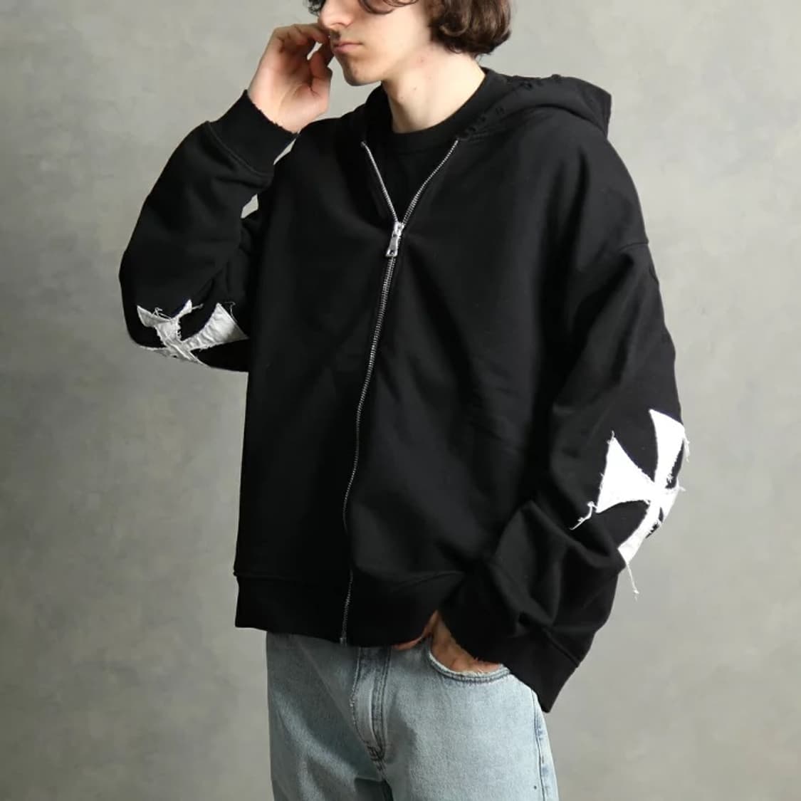 [L] Askyurself 십자 패치 집업 후드 상품이미지1