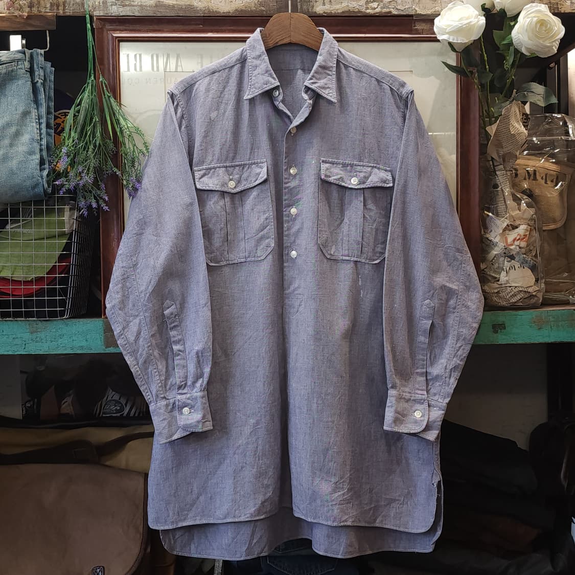 60s 프랑스 워크셔츠 가드너 빈티지 셔츠 라이트 퍼플 롱 튜닉 셔츠 L 상품이미지1