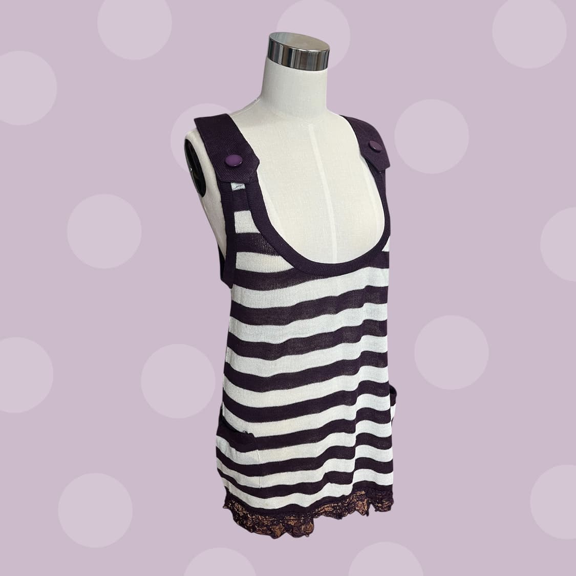 빈티지 단추 포인트 퍼플 스트라이프 니트 슬리브리스 상품이미지3