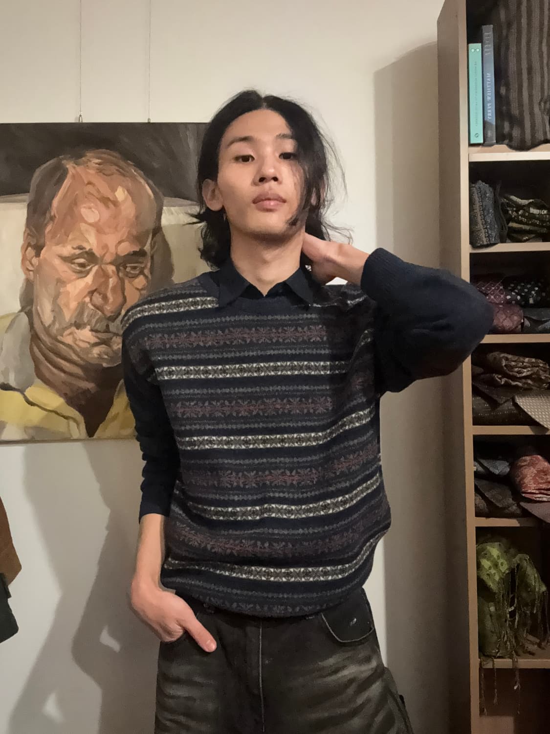 네이비 아가일 엘보우 패치 니트 상품이미지6