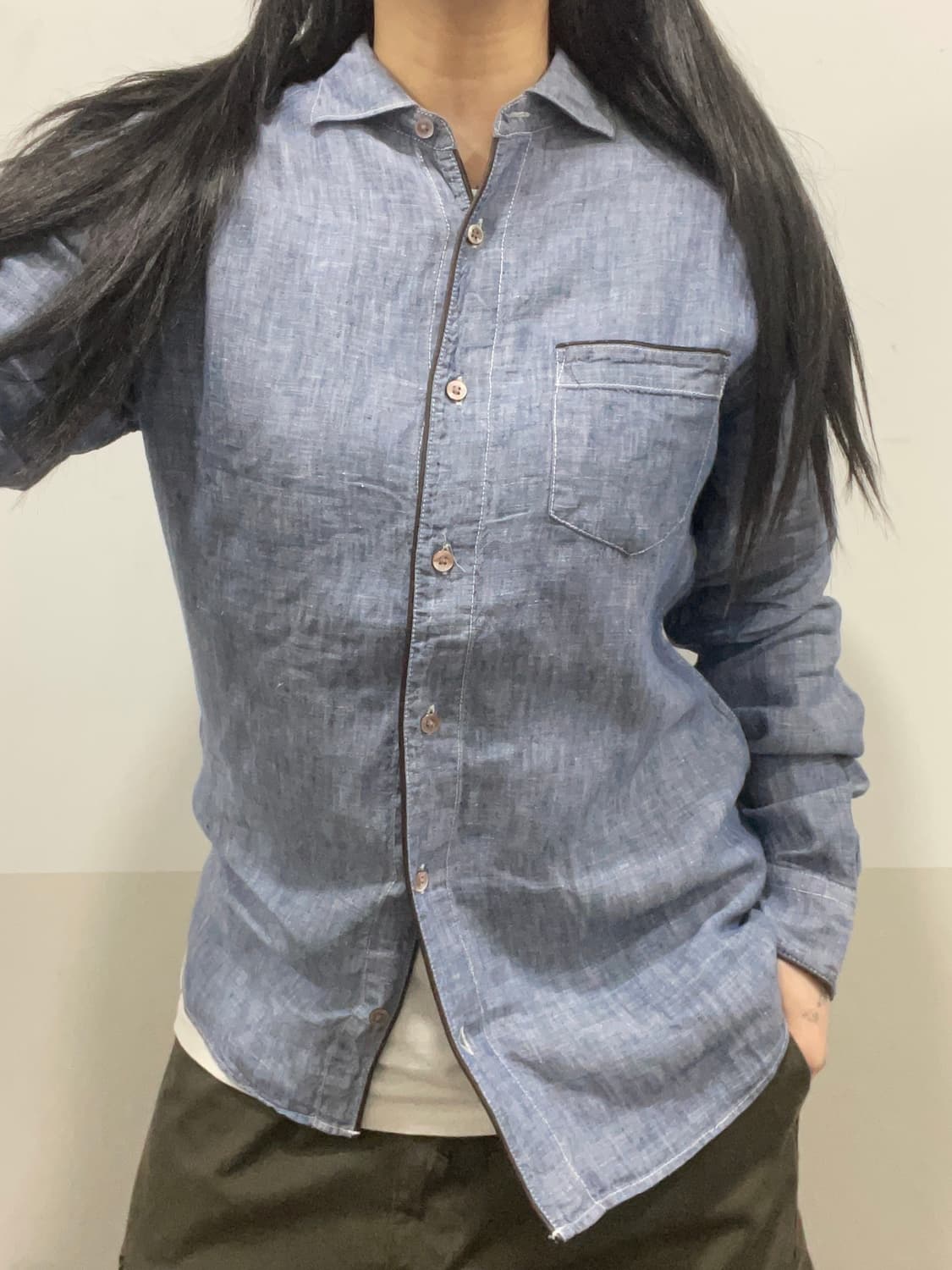 Beams heart 빔즈 하트 레더 파이핑 샴브레이 긴팔셔츠 상품이미지1