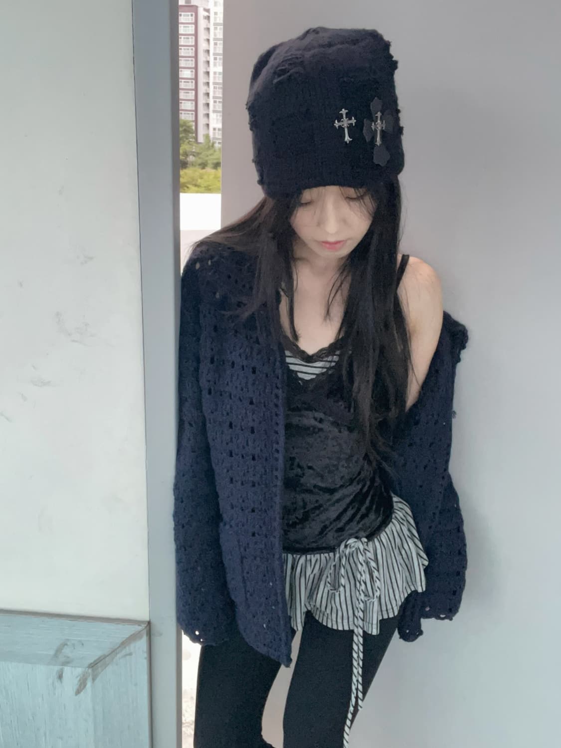 크롬 크로셰 패치 벙거지 비니 - 블랙 상품이미지1
