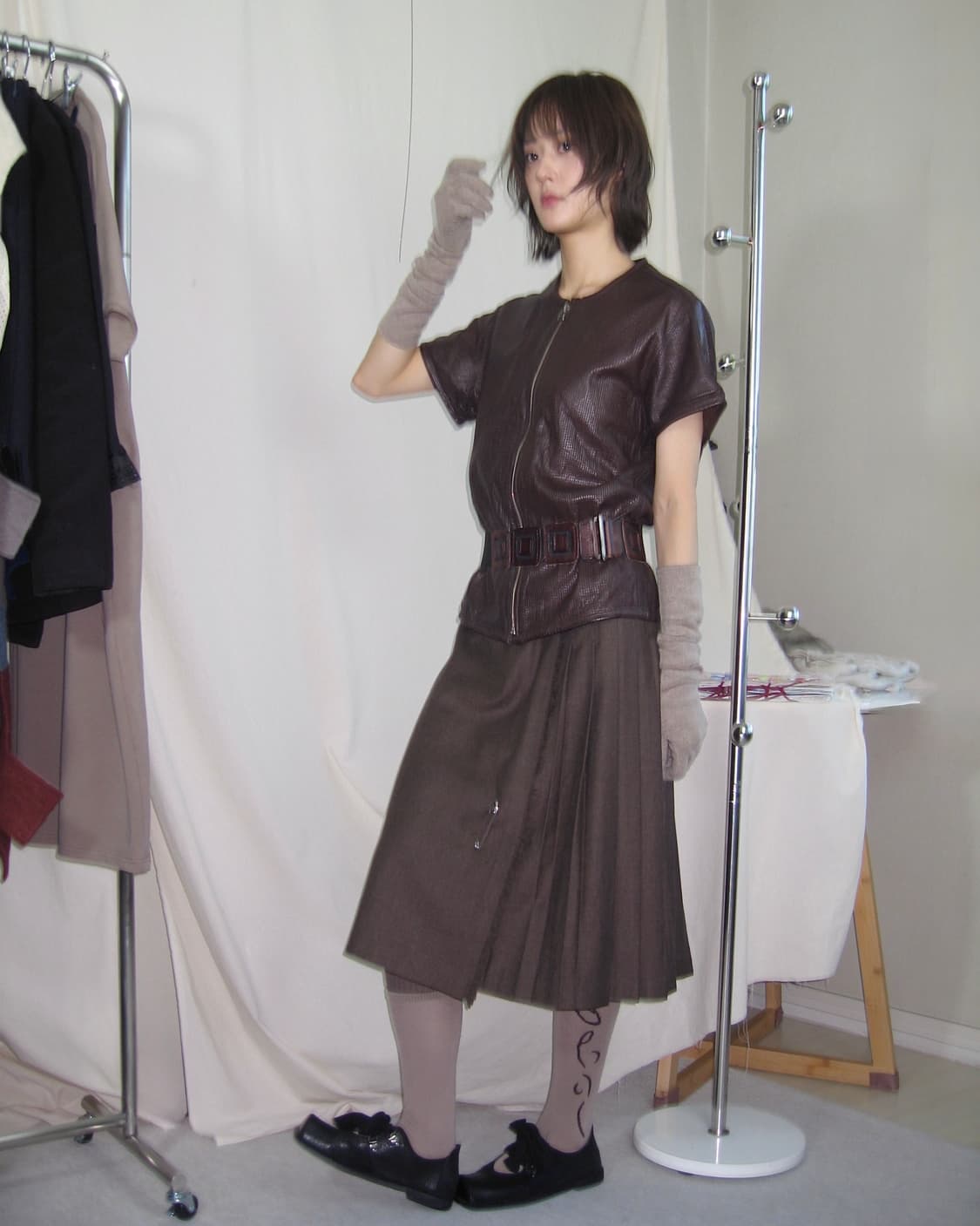 Vintage 집업 레더 반팔 자켓 상품이미지2