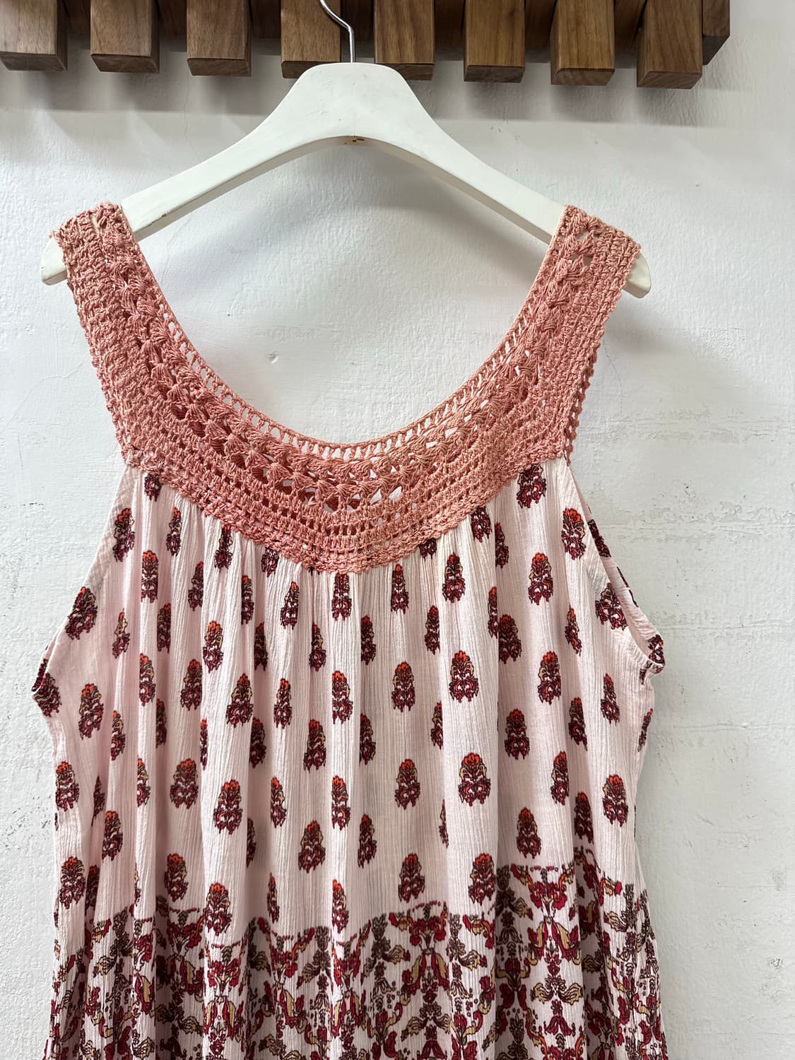 인디아 코튼100 아사면 크로셰 요크 보더 패턴 A라인 슬리브리스 원피스 상품이미지5