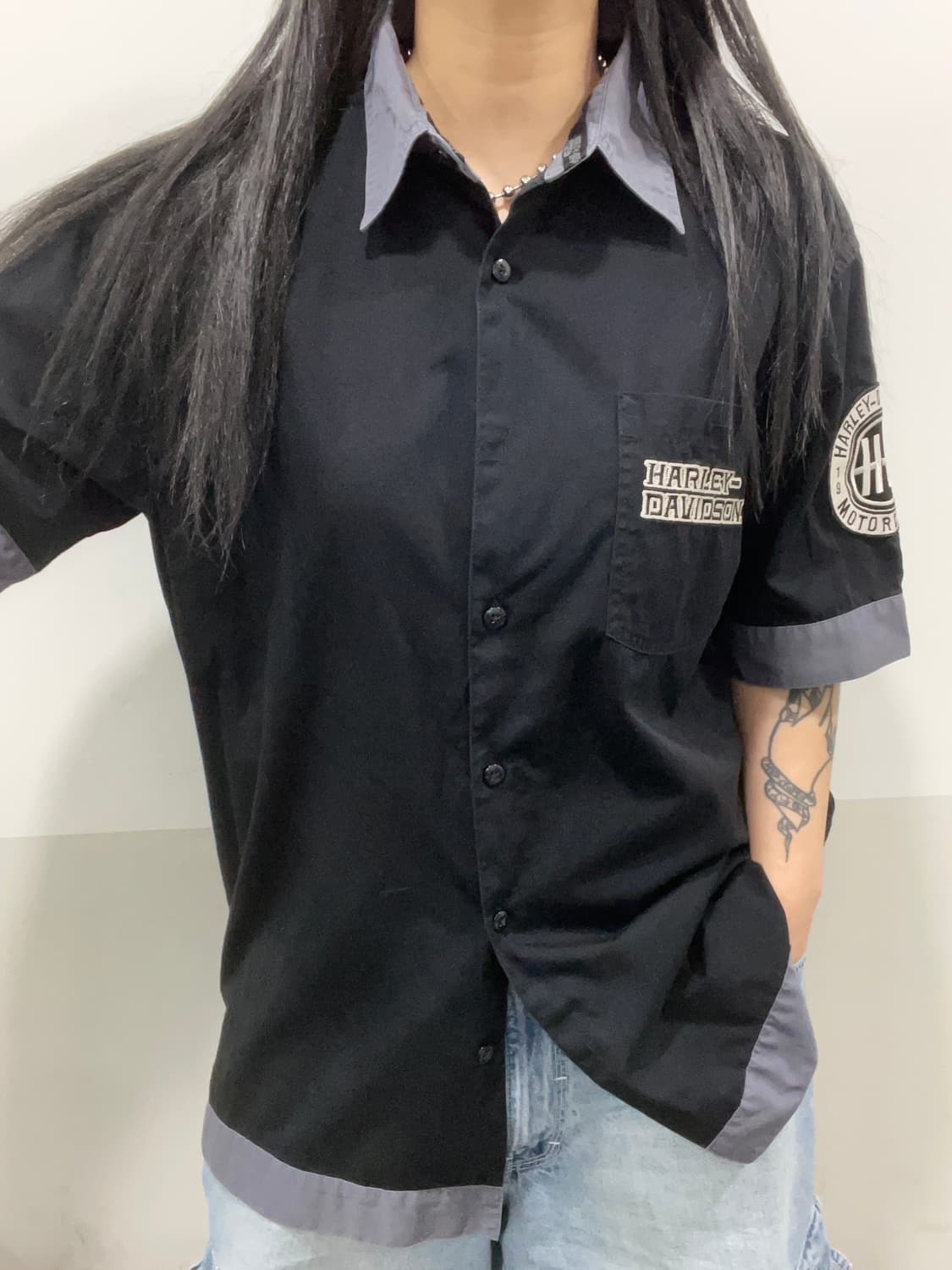 Harley Davidson 할리데이비슨 투톤 빅 로고 반팔셔츠 상품이미지2