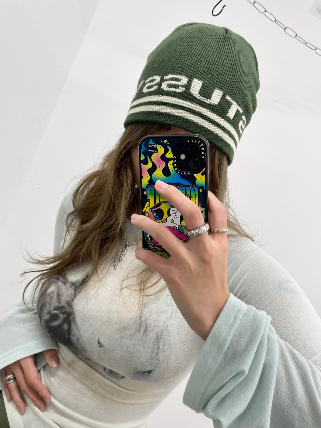 스투시 자카드 스트라이프 스컬캡 비니 다크그린 상품이미지2