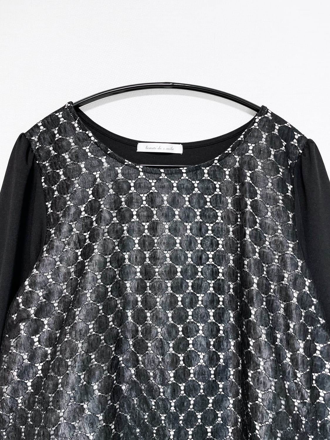 Dot Punching Puff Sleeve Dress - Black 상품이미지5
