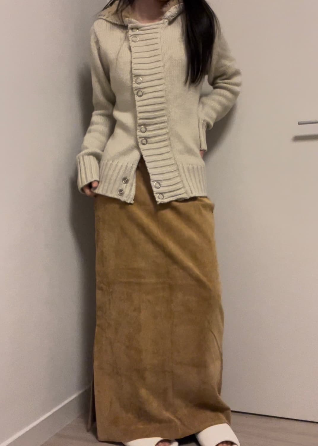 camel ribbed bone long skirt 상품이미지2