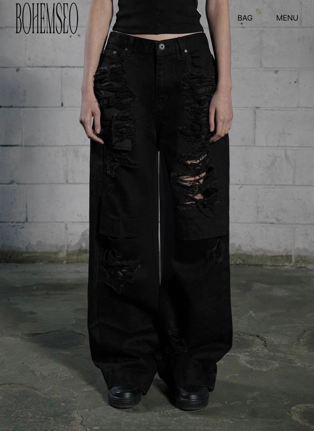 보헤미안서울 KNEE OPEN RIPPED WIDE JEANS, BLAC 상품이미지1