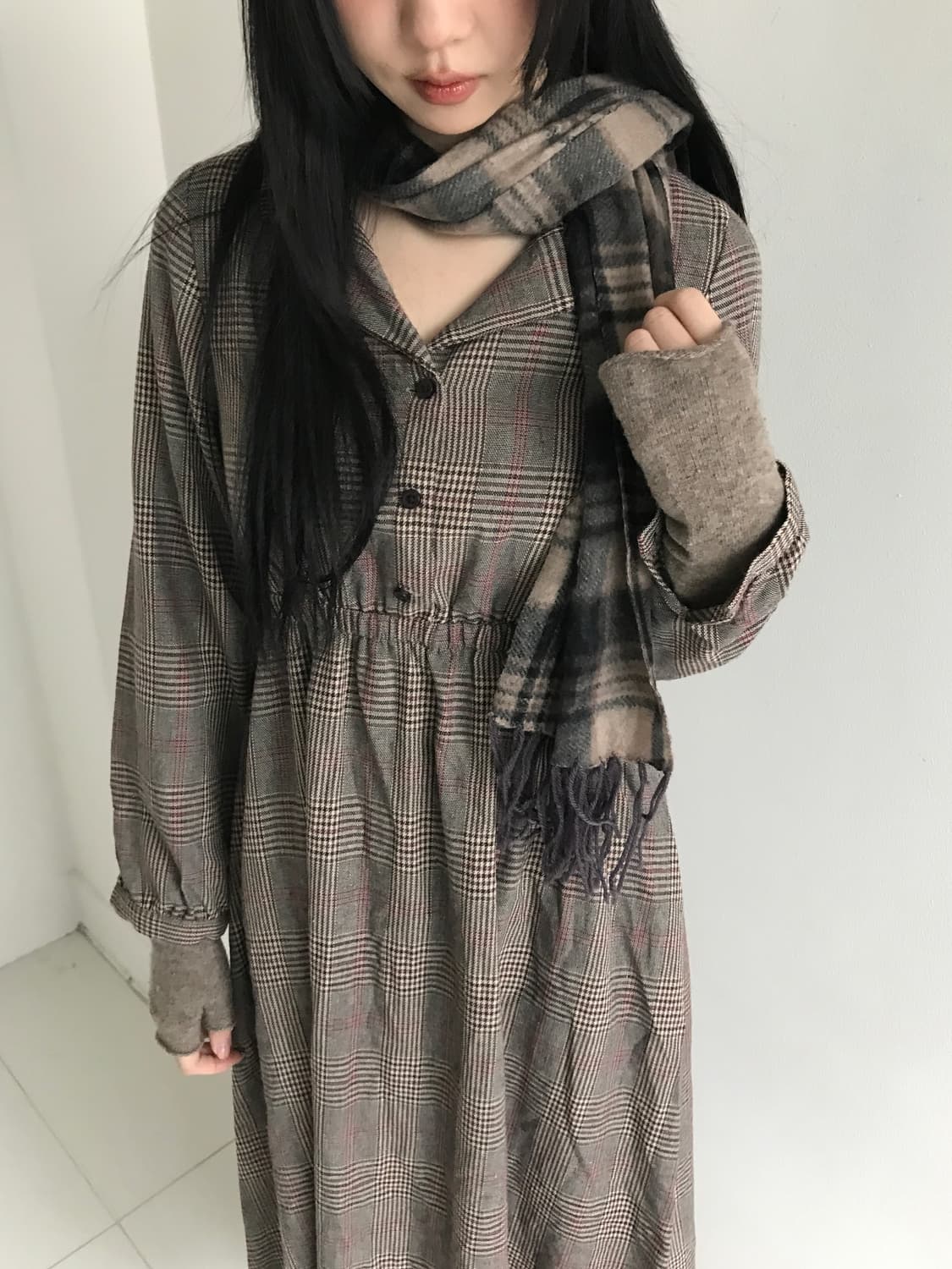 Check V Neck Shirts Dress 상품이미지2