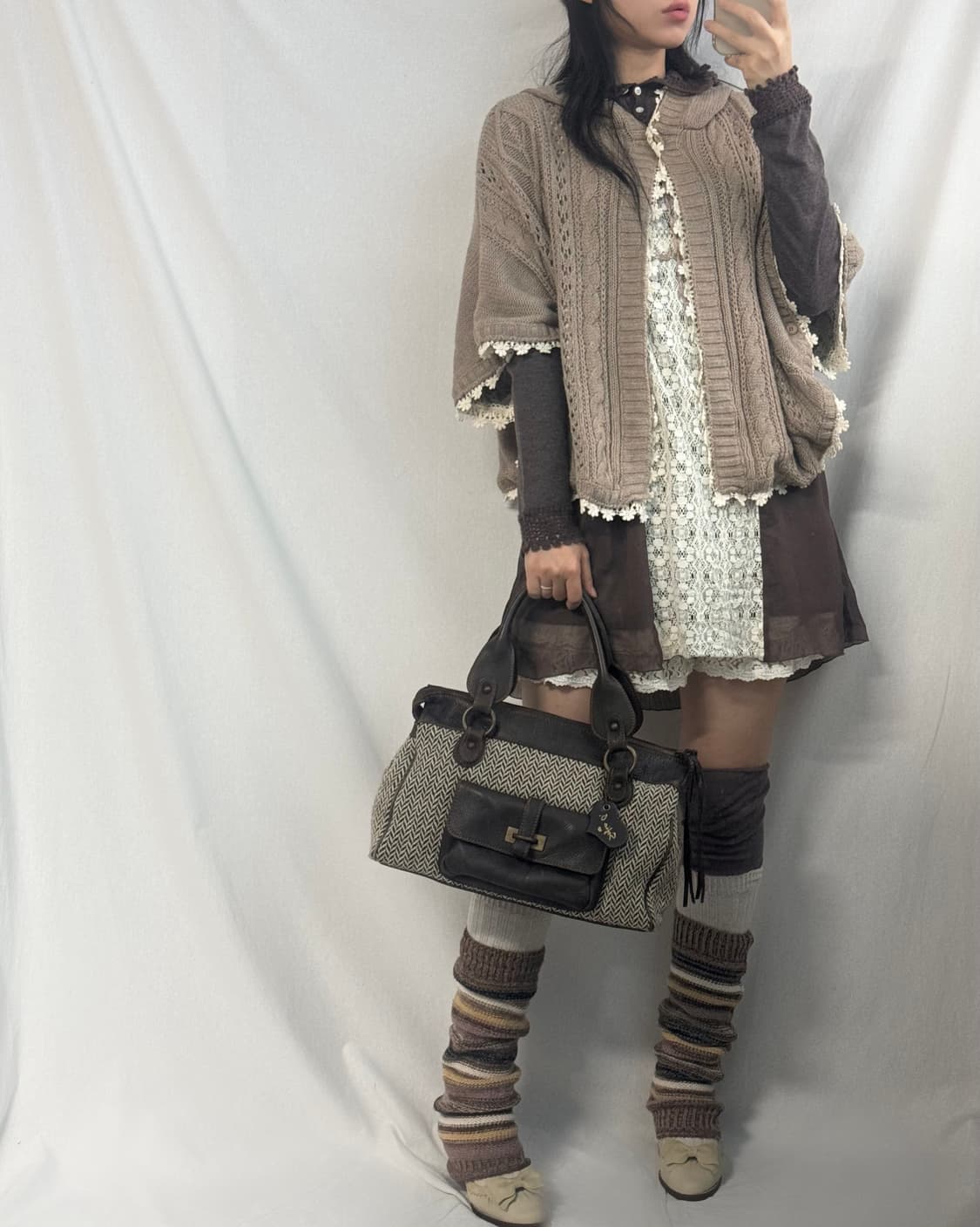 레이스 레이어드 케이블 니트 후디드 케이프 상품이미지4