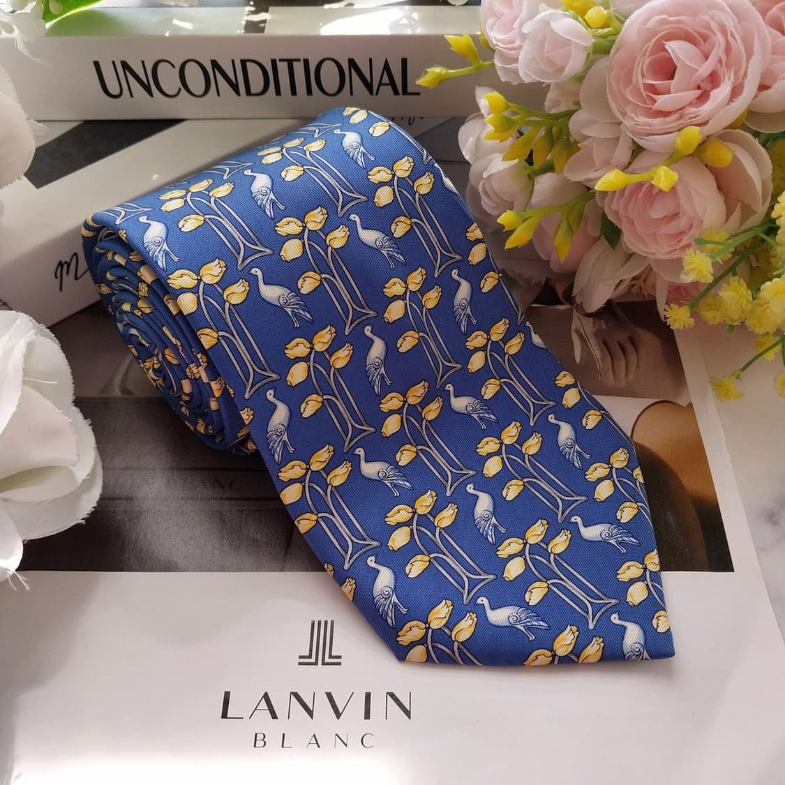 랑방 블루 버드 플라워 패턴 넥타이 9.5cm A+~A등급 K2413 상품이미지4