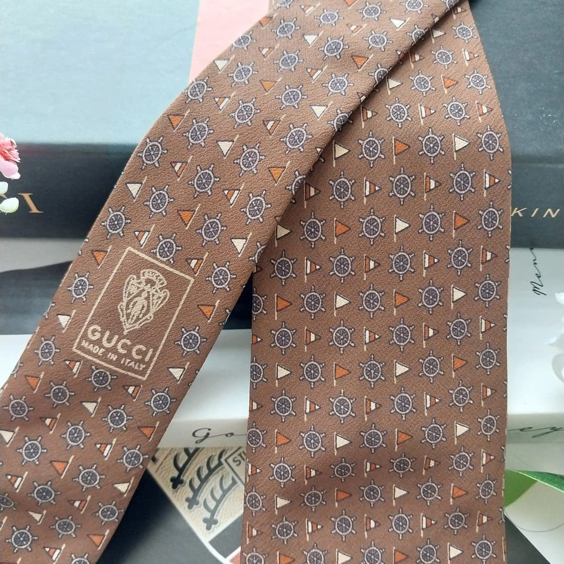 구찌 실크 브라운 마린 모티브 넥타이 8.9cm A+~A등급 K2088 상품이미지3