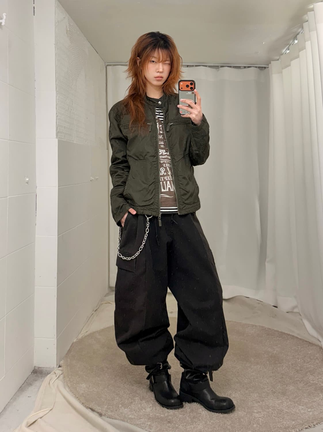 빈티지 카키 브라운 셔링 데일리 스트릿 코디 세트 상품이미지1