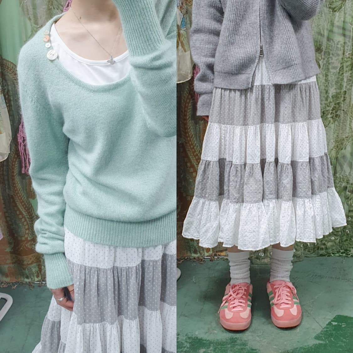 별 도트 패치워크 밴딩 미디 스커트 그레이 상품이미지1