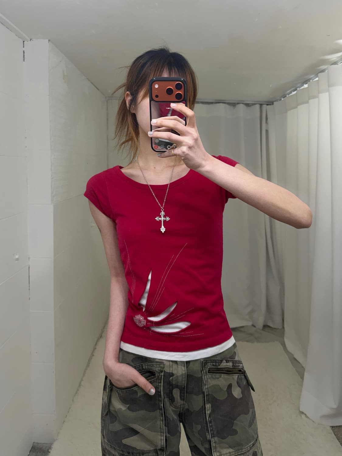 할리데이비슨 컷아웃 디테일 마젠타 핑크 딱붙 크롭 반팔티셔츠 상품이미지3