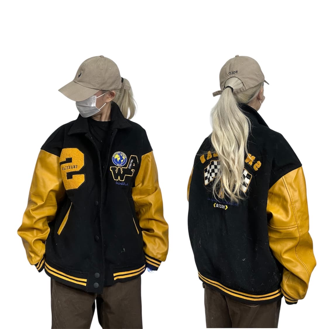 빈티지 블랙 옐로우 자수 빅 로고 레이싱 가죽 잠바 올드스쿨 자켓 XL 상품이미지1