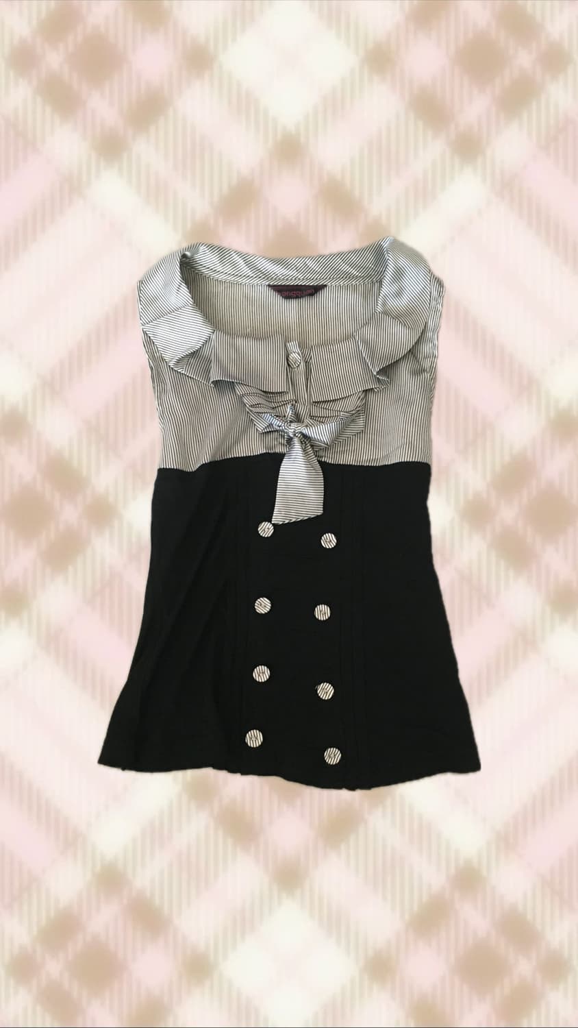 스트라이프 셔츠 리본 탑 나시 슬리브리스 블라우스 오네 갸루 펑크 와투케 상품이미지1