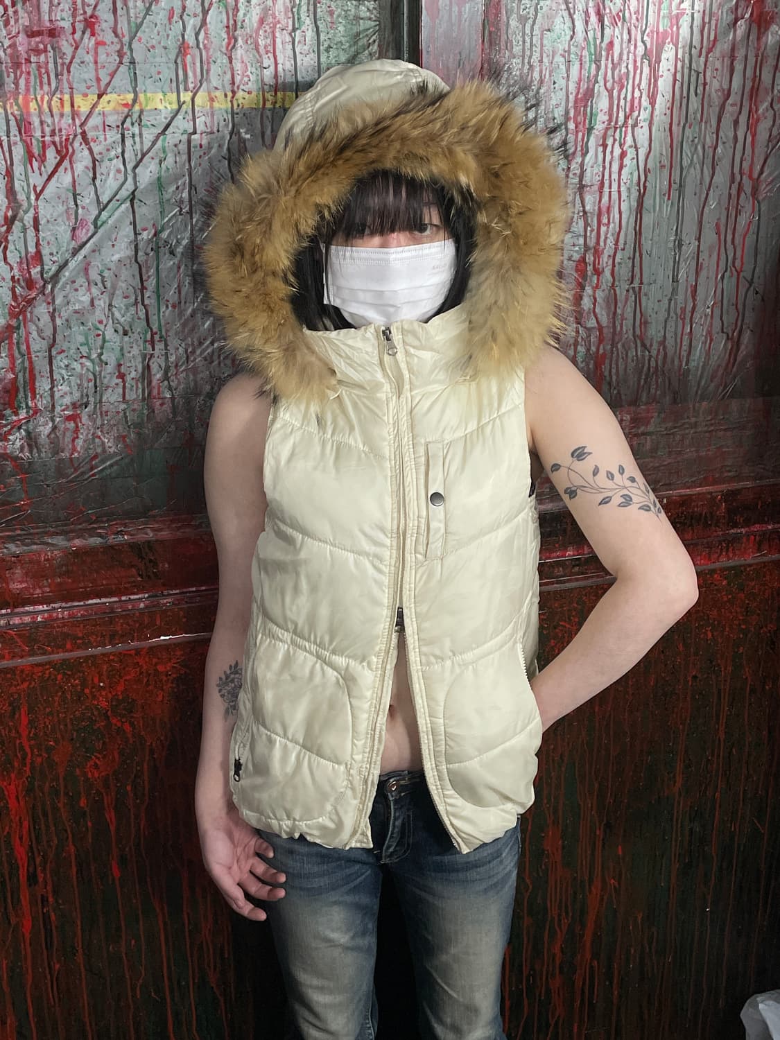 일본 빈티지 퍼 후드 울프죠 갸루 패딩조끼 베스트 L 상품이미지1