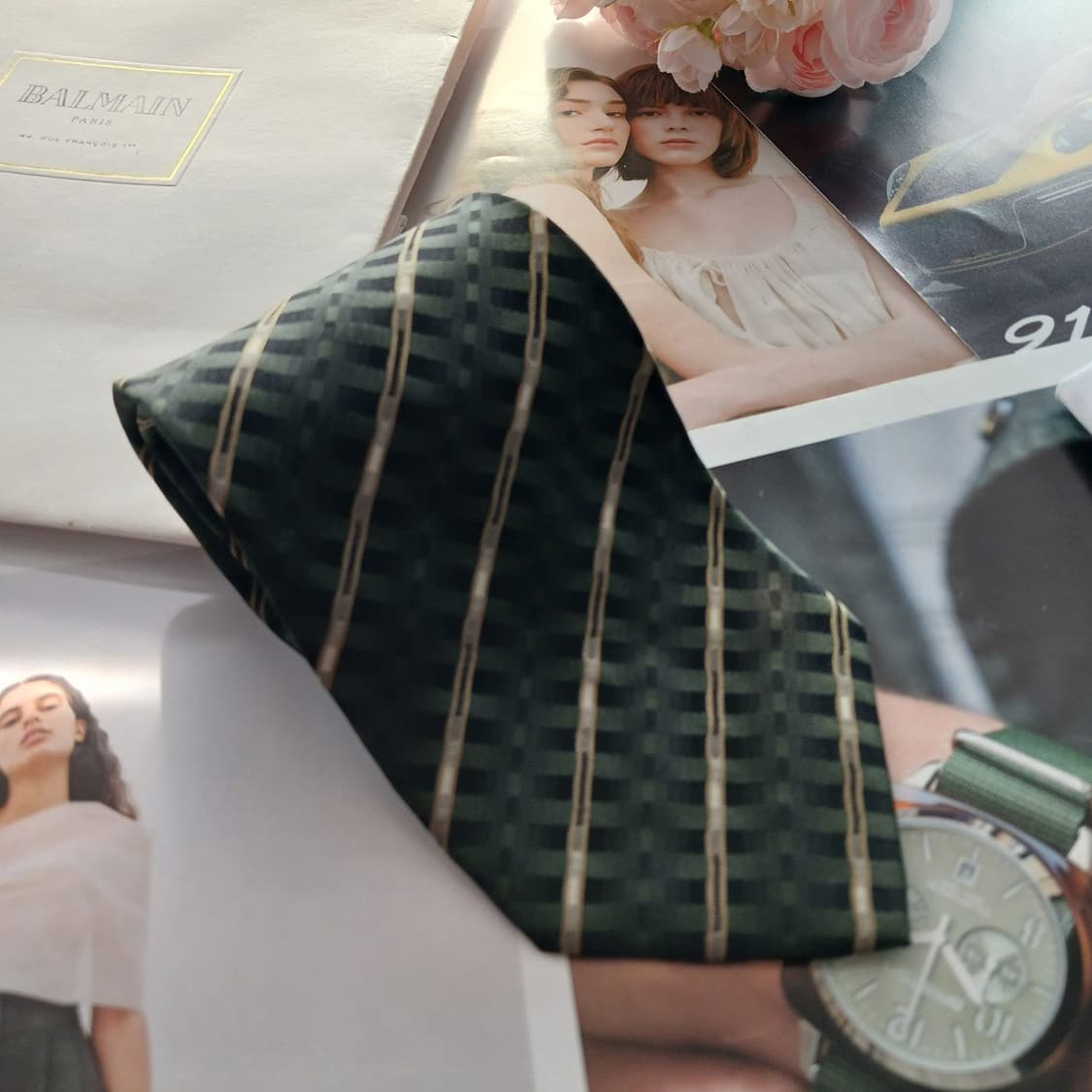 발망 실크 다크그린 체크 패턴 넥타이 9.8cm A등급 A18770
 상품이미지2