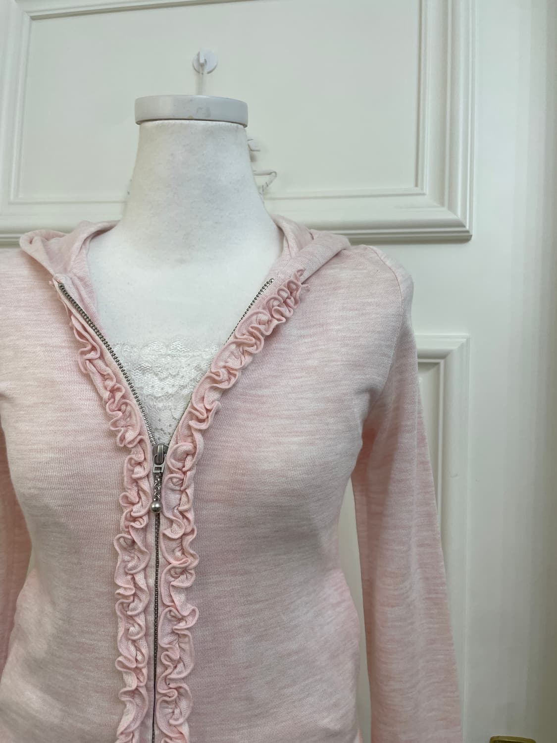 cute pink ruffle hoodie-zip&white lace s 상품이미지5